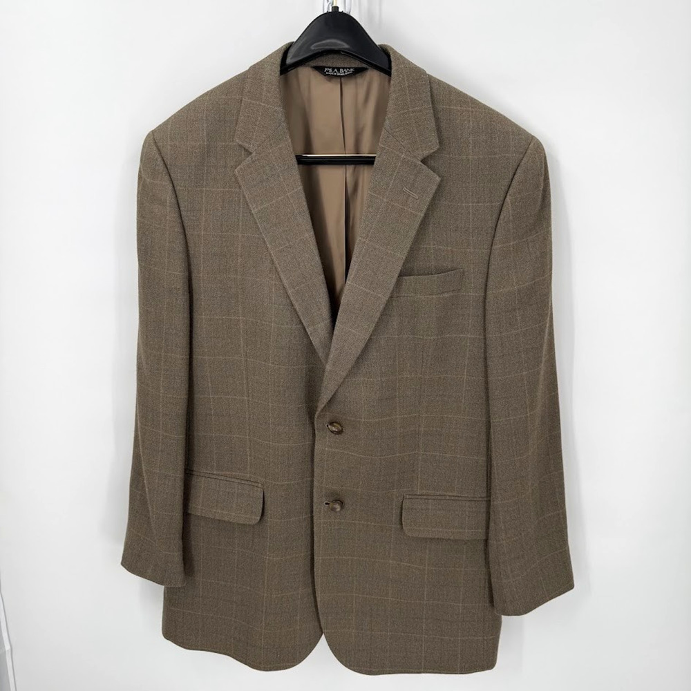 JOS. A. BANK Mens Brown WINDOWPANE CHECK SILK WOOL Sport Coat Blazer Jacket 42R